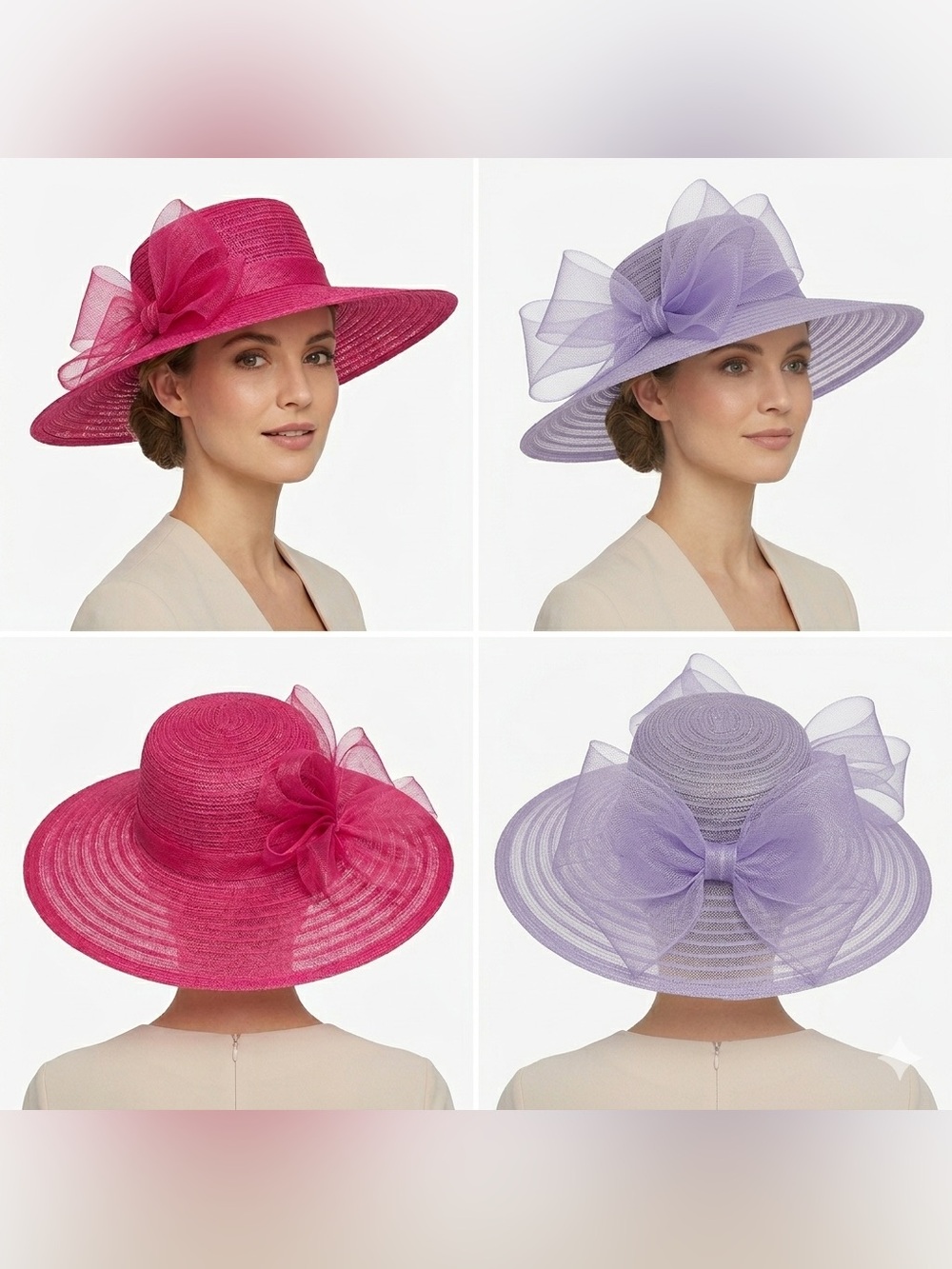 Elegant Wide-Brim Sinamay Hat with Floral Bow - Pink or Lavender